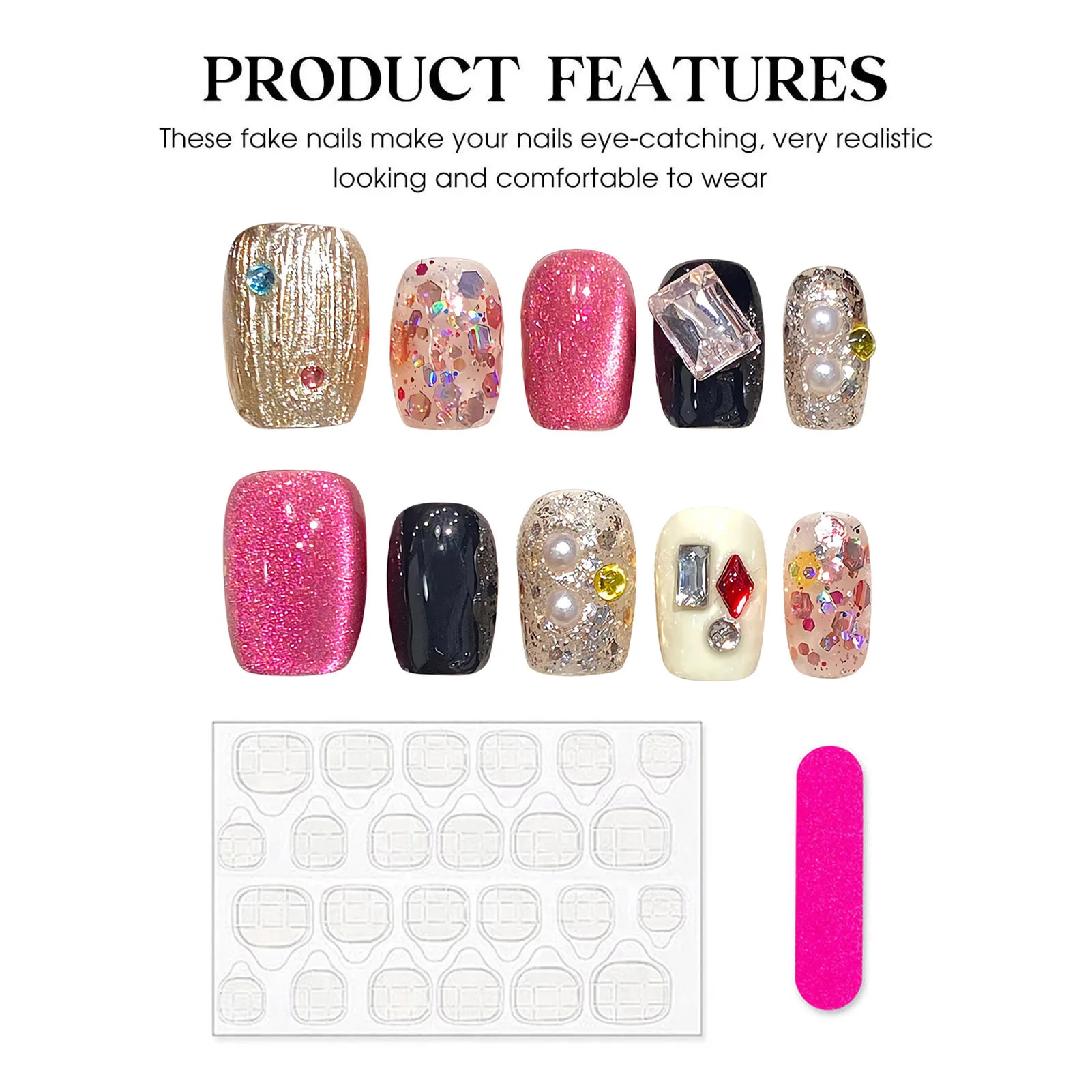 Handmade Press on Nails Glitter Pink Sequins Cat Eyes Glossy Fake Nails Full Cover Short Square Shiny Crystal Design False Nails