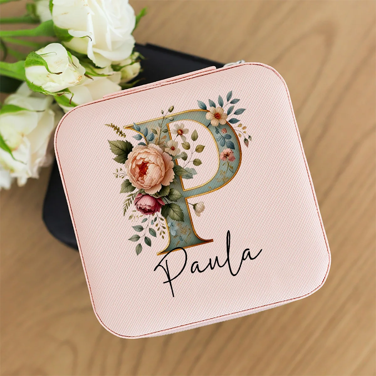 Personalized customized letter flower portable travel storage box, ring, earring, necklace zipper jewelry box