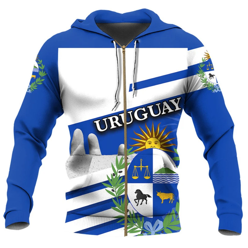 2024 Spring Autumn Daily Sportswear Zip Up Hoodies Street Uruguay Emblem Flag 3D Printing Oversized Hooded Sweatshirt Pullovers