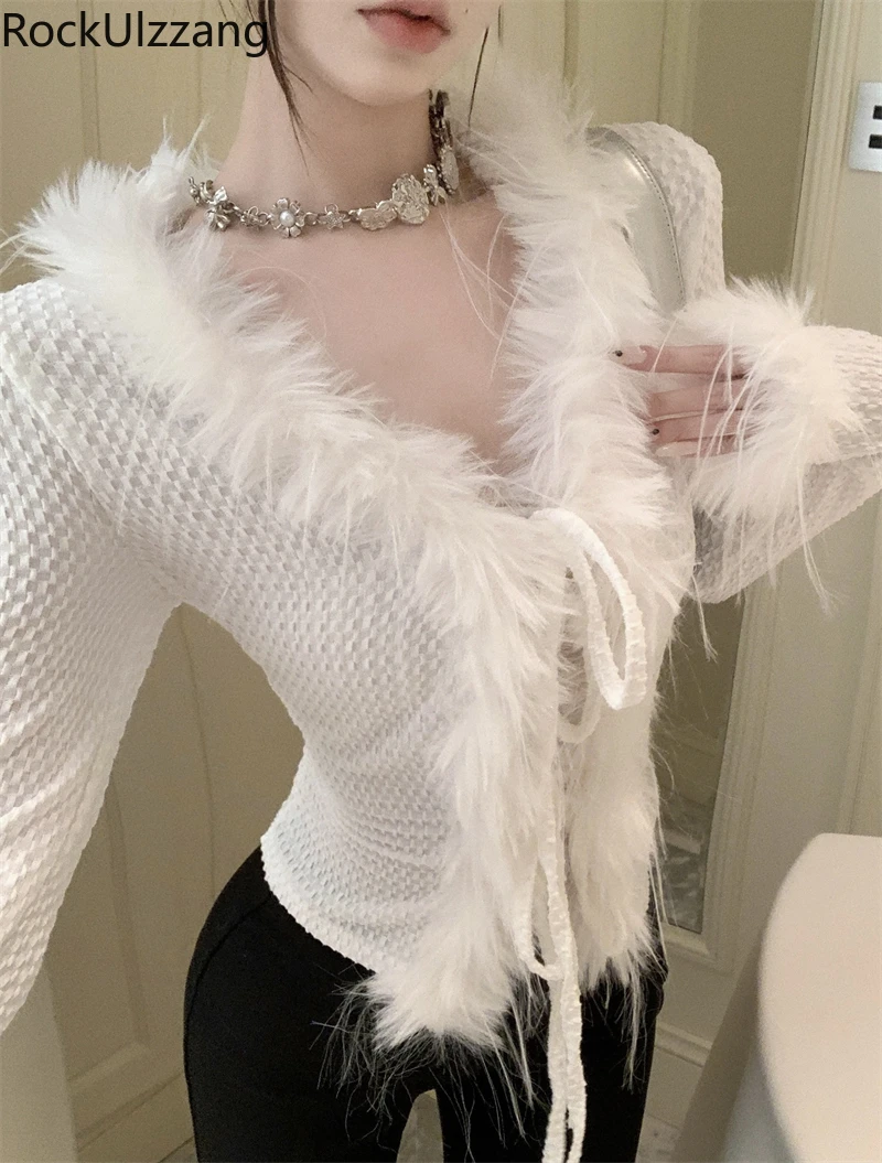 

V-neck Knit Lace-Up Short Sweater with Fur Feather Elegant Knitwear Knitted Crop Top Fall Autumn Cardigans