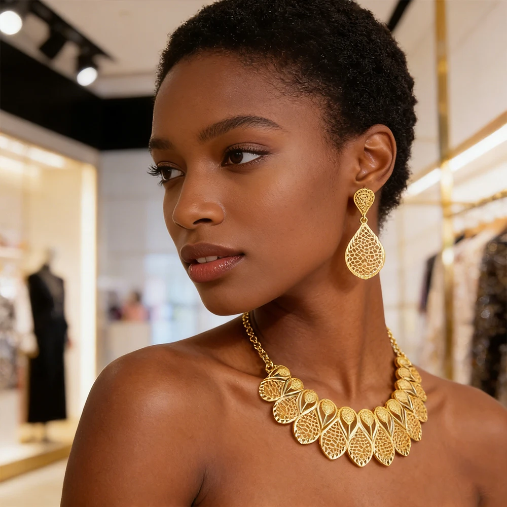 

Luxury Earrings Dubai African Jewelry Drop Earrings Set Necklace Women Design Jewelry Gold Color Necklace Wedding Gifts Party