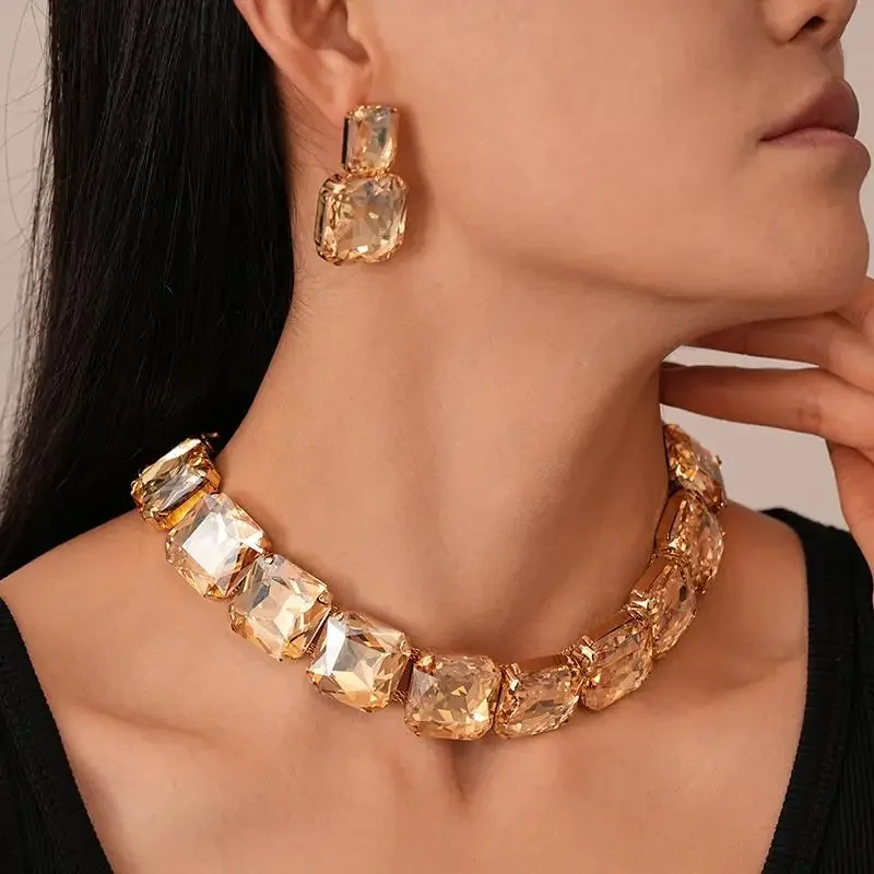 クリスタル ステートメント ネックレスとイヤリング セット、スクエア カット ラインストーン ジュエリー、シャンパン ゴールド