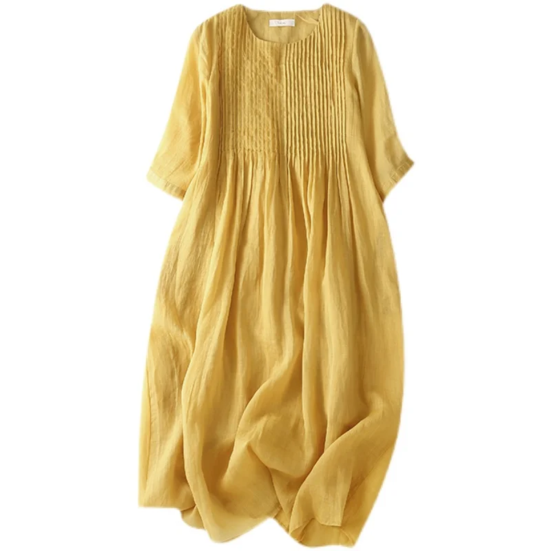 Artistic Vintage Heavy Embellished Summer New Large Size Loose Midi Dress Cotton Material Long Sleeve round Neck A-Line Dress