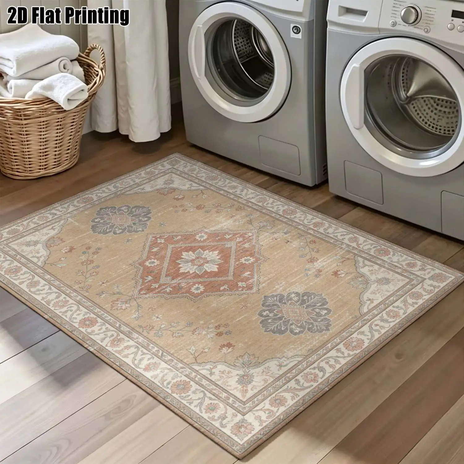 1Pc 2D Printed Carpet: Warm Brown Retro Floral Pattern, European Style, Machine Washable, Multi-Size for Home Decor, Multi-Scene Use