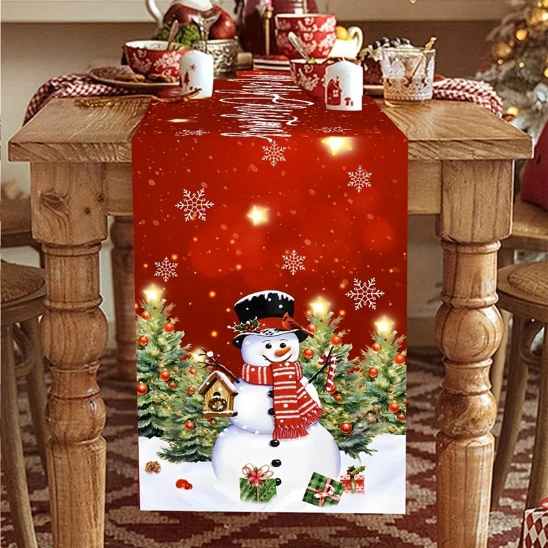 Merry Christmas Tree Snowman Linen Table Runner Dining Table Decor Reusable Winter Snowflake Table Runners Christmas Decorations