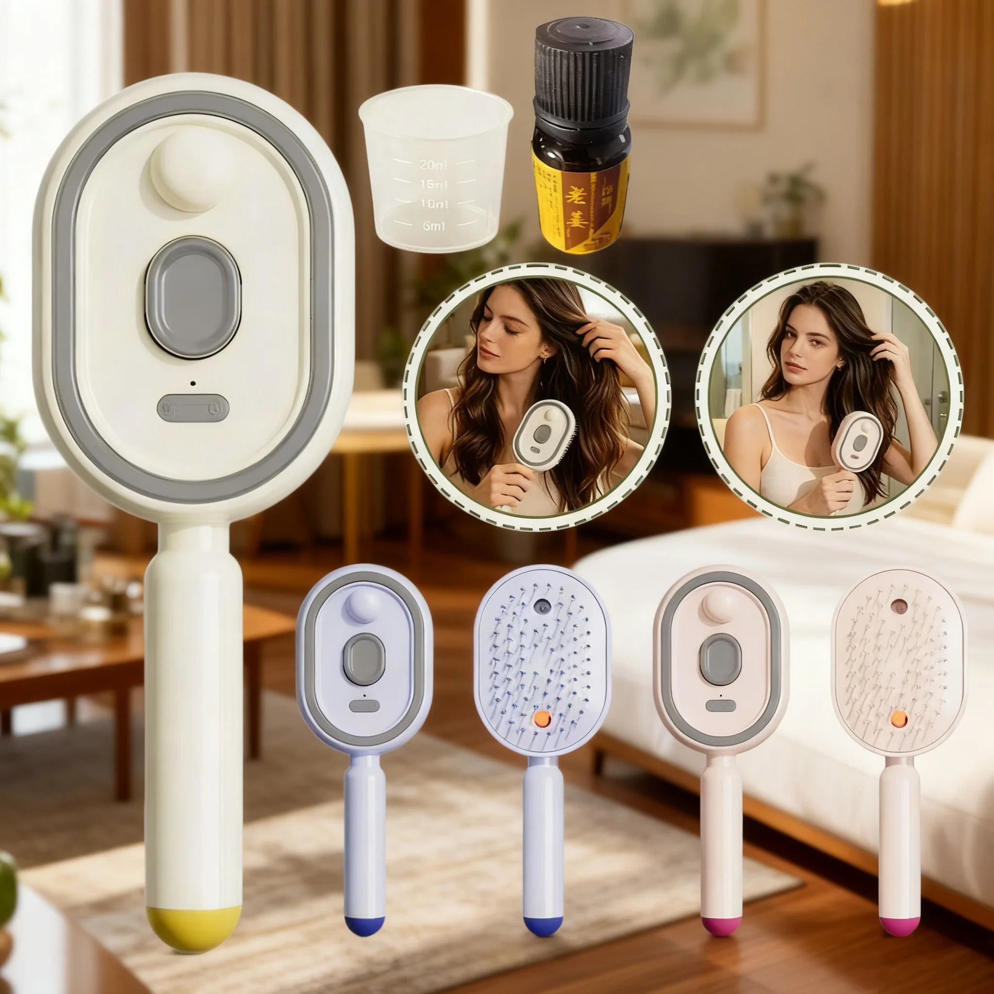 Peigne de massage électrique à coussin d'air pulvérisateur 3-en-1 auto-nettoyant à vapeur et huiles essentielles, brosse rechargeable pour le cuir chevelu
