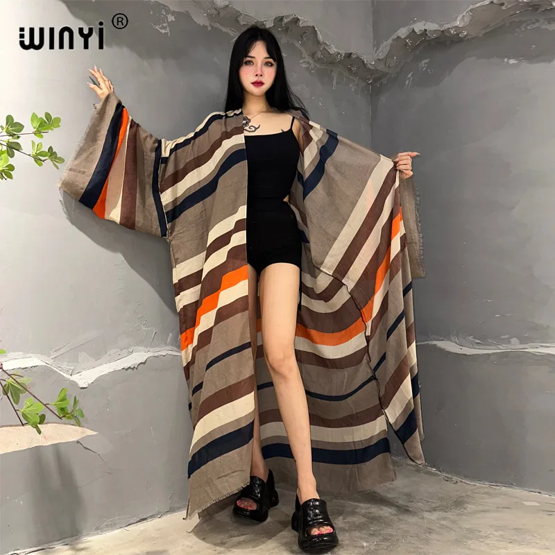 WINYI kimono Striped print Bikini Cover-up Elegant beach outfits for women sexy cotton feeling vestidos para mujer dress kaftan