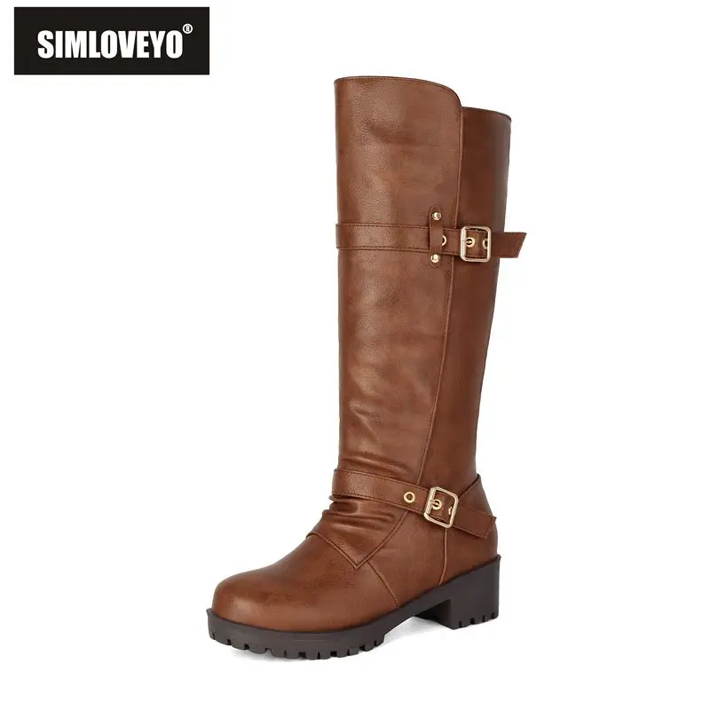 SIMLOVEYO Black Women Knee High Boots Round Toe 4.5cm Thick Heel 2cm Platform Slip On Belt Buckle Big Size 44 45 Retro Long Bota