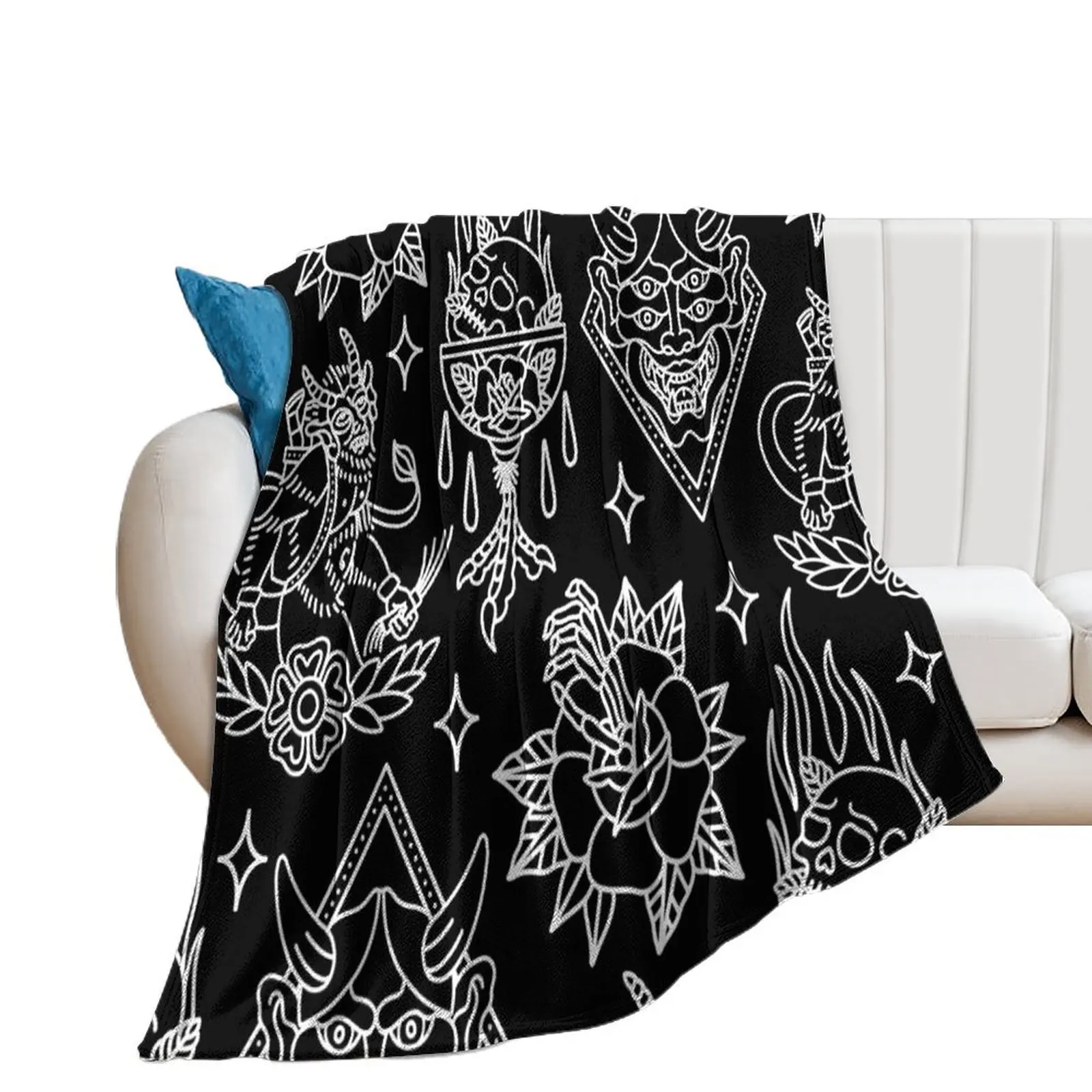 Black and White Traditional Tattoo Flash Pattern Throw Blanket Luxury Throw Flannel Fabric Hairy Blankets