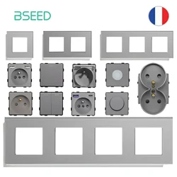 BSEED DIY France Standard USB Socket Button Switch With Crystal Glass Frame Panel Grey Home Type-c Phone Charge Socket French