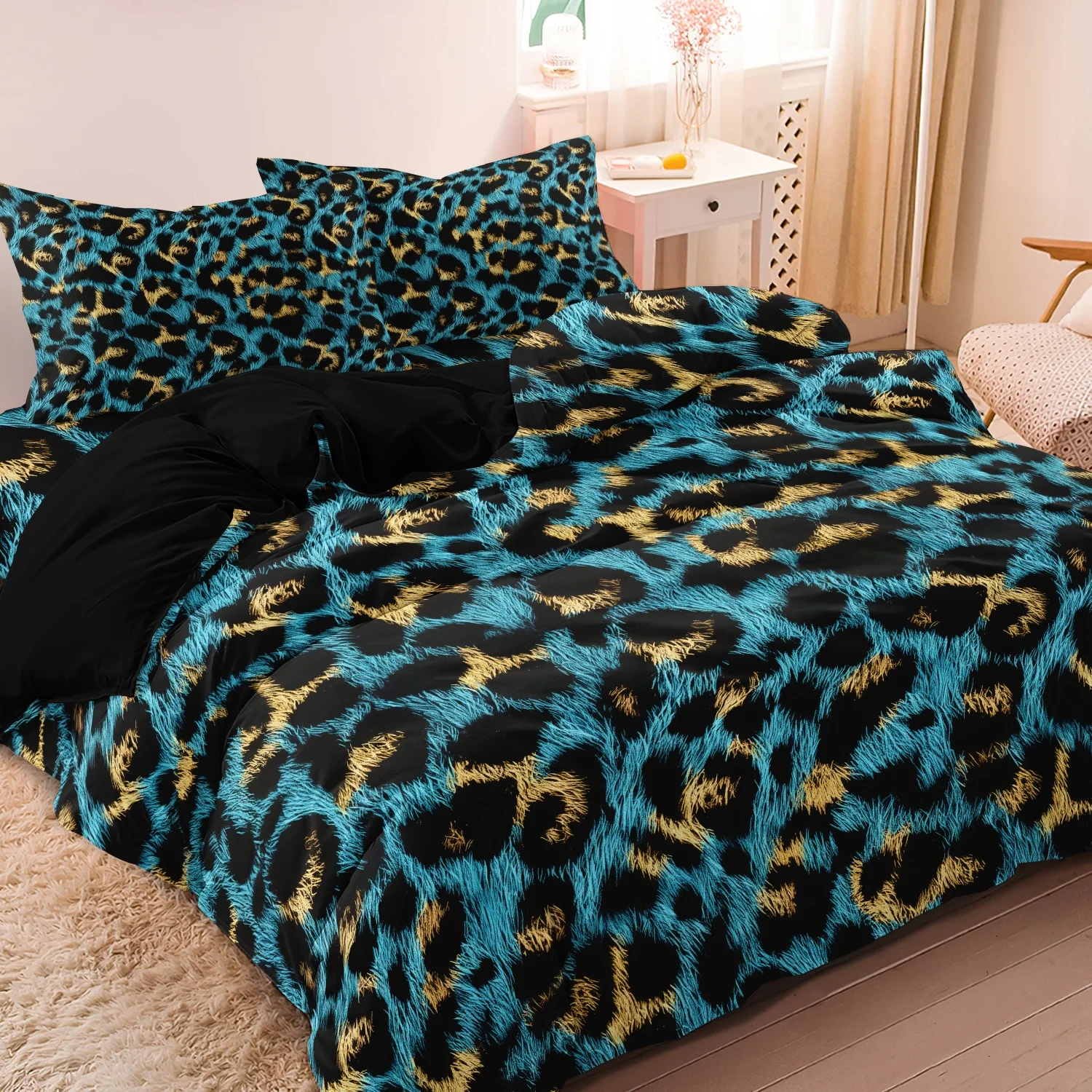 3pcs Blue Leopard Print Duvet Cover Set Friendly Breathable Bedding, Four Seasons Home Dormitory High-Definition Print,