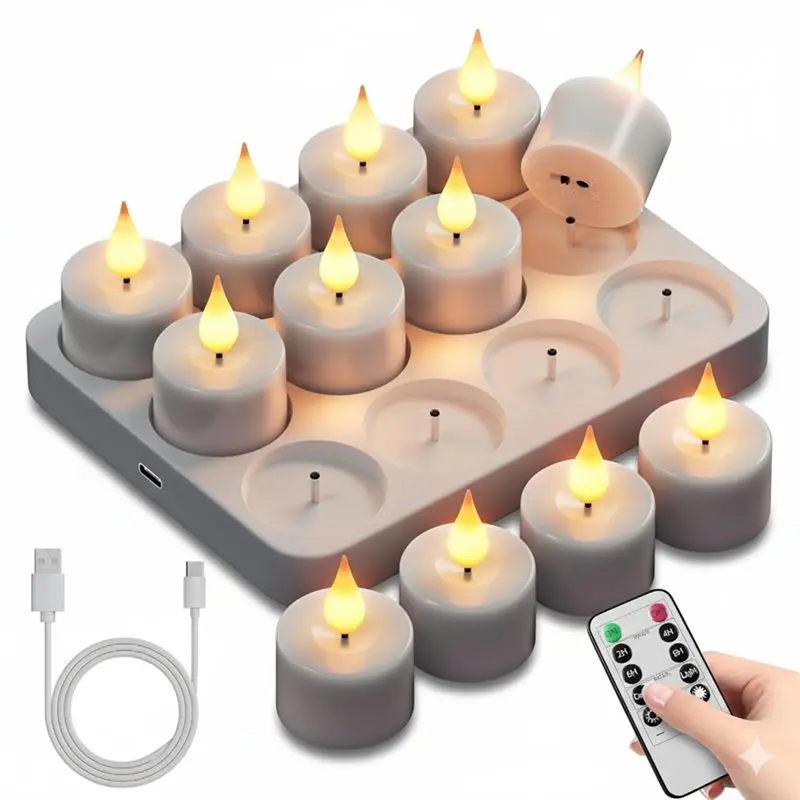 Flameless Rechargeable Tea Light Candles:12Pc LED Battery Operated Candles Flickering Votive Tea Lights
