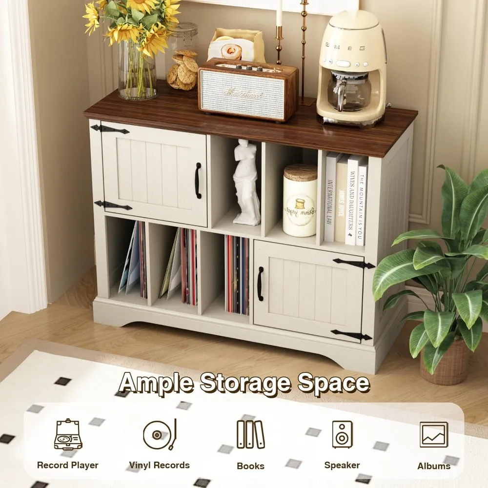 حامل مشغل تسجيل كبير مع مساحة تخزين من الفينيل - حامل قرص دوار 39.5 خزانة تخزين خشبية للمزرعة مع أبواب مغناطيسية، ستيريو M #3