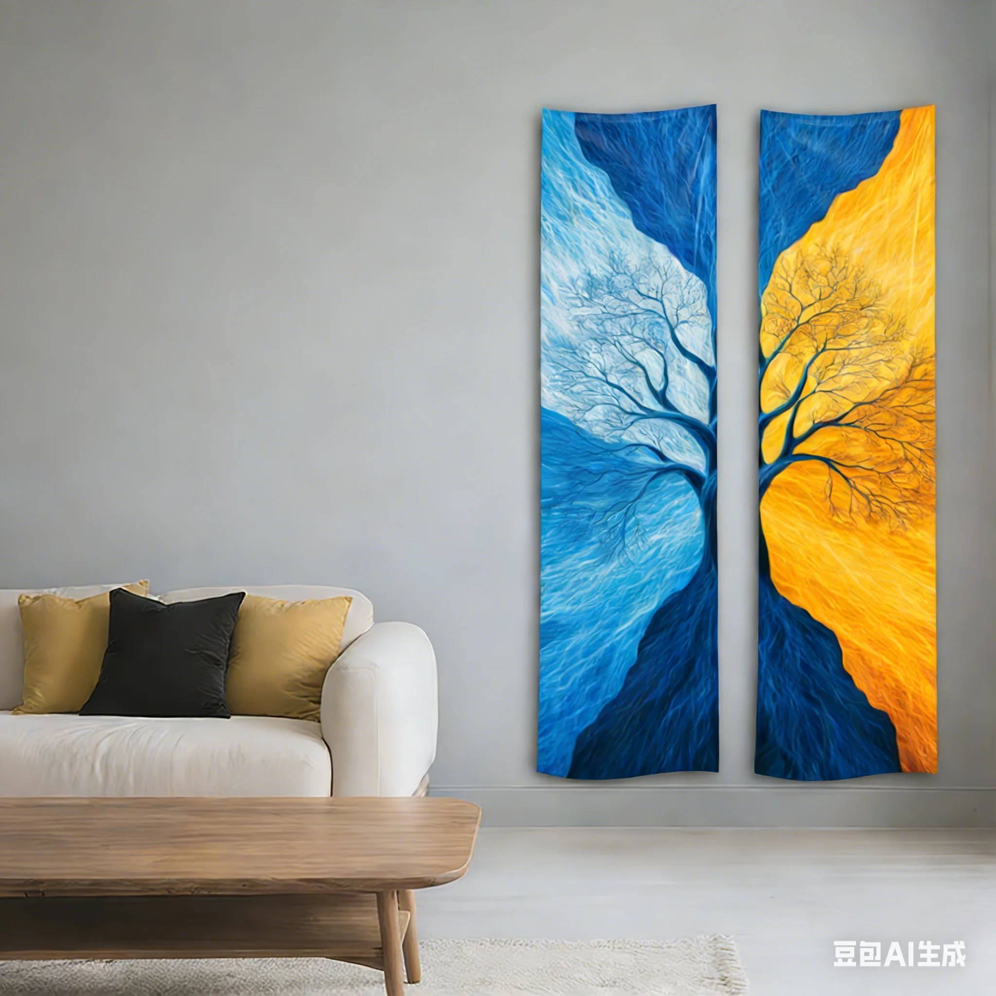 Baum des Lebens, vertikales Banner, Wandteppich, blau und gold, Baumgeist, langer, schmaler Wandbehang für Wohnzimmer, Schlafzimmer, Wanddekoration