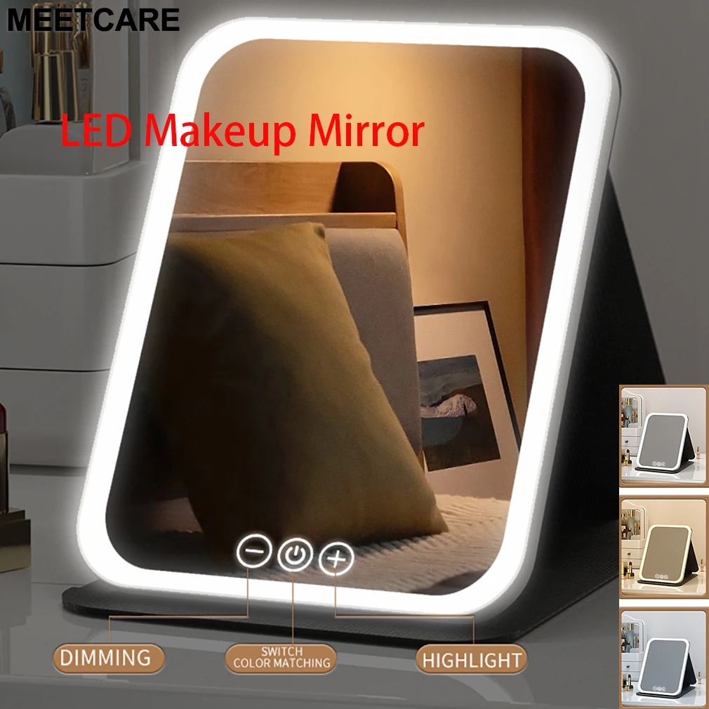 

Dimmable LED Makeup Mirror 3 Colors Touch Screen Fold Cosmetic Beauty Makeup Mirror Electric Rechargeable Tabletop Travel&Home