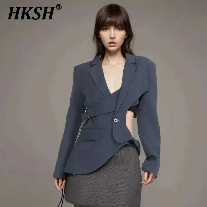 HKSH American Punk Niche Asymmetrical Design Autumn New Notched Coat Long Sleeve Side Waist Hollow Out Solid Color Blazer H2976