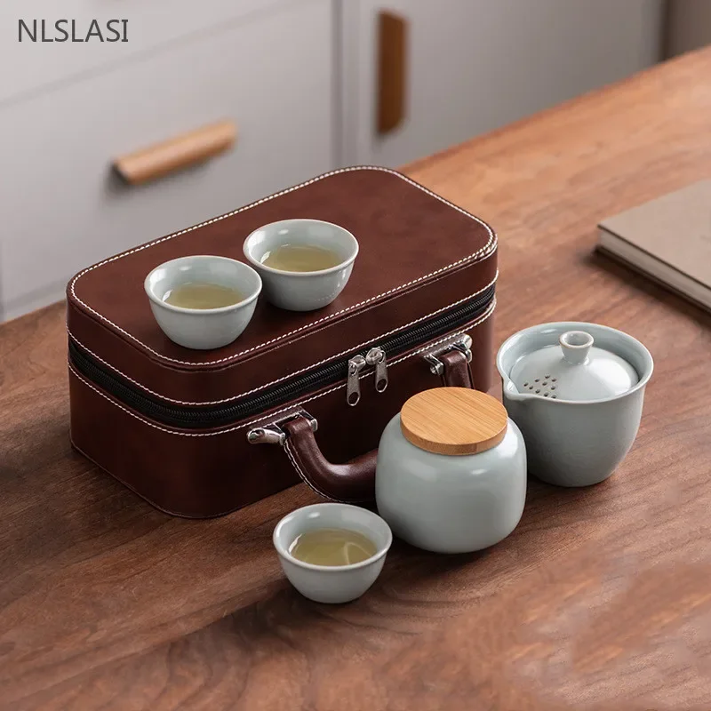 Celadon Kiln Tea Set Outdoor Portable Travel Teaware A Pot of Three Cups Suit Ice Crack Glaze Beauty Gaiwan Home Tea Infuser