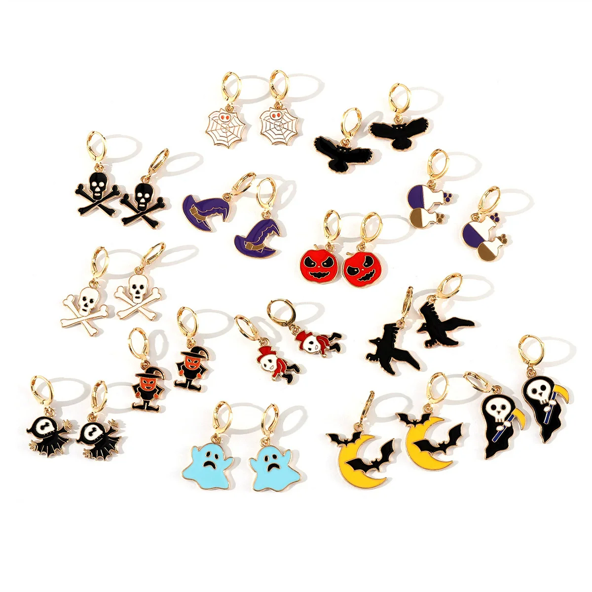 

New 14 Pair Set Halloween Earrings Ghostface Bat Witch Hat Alloy Drip Oil Earring Set Ear Buckles Earring Halloween Decoration