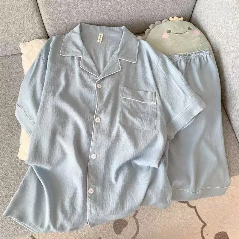 طقم بيجامة رجالي فاخر جديد بلون سادة وأكمام قصيرة وطية صدر السترة وسروال مرن مقاس كبير بيجامات صيفية ملابس نوم