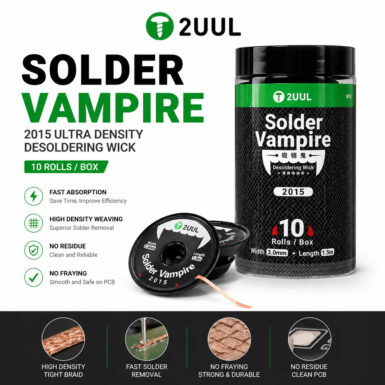 

2UUL DW15 10Rolls/Box Solder Vampire Desoldering Wick 2015, Welding Solder Remover Wire Lead Cord Flux for PCB Repair Tool