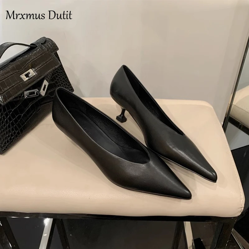 Mrxmus Dutit 2023 Spring Autumn Fashion Asakuchi Pointed Mid Heel Shoes Stiletto All-match Solid Color Simple Work Shoes Women