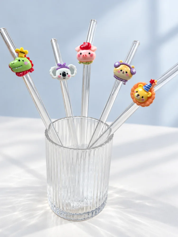 5Pcs Birthday Party Decor Bent Borosilicate Glass Straw, Reusable Clear Straw for Bubble Tea Coffee Juice Hot Cold Drinks