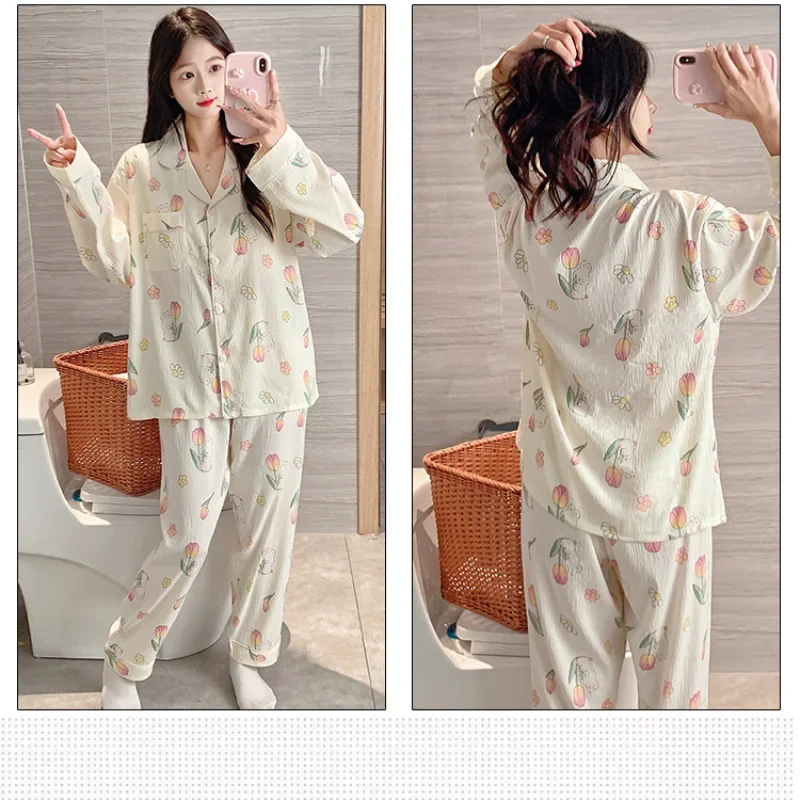 5XL Plus Size Cloud Cotton Pajamas Set Women Autumn Sleepwear Long Sleeve Shirt with Chest Pad Trousers Two Piece Set Loungewear