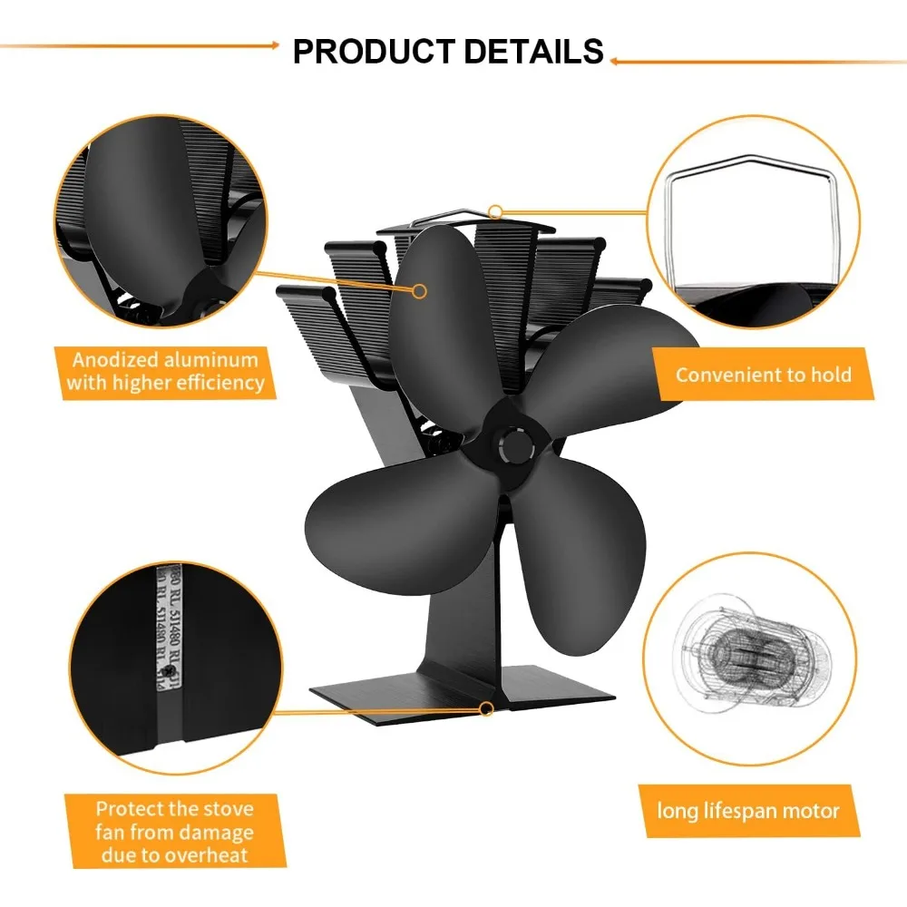 4-Blade Wood Stove Fan for Efficient Heat Circulation and Silent Operation