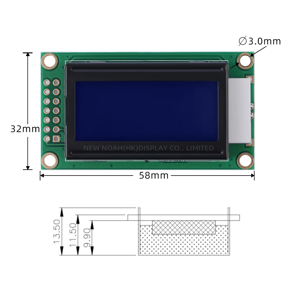 เปอร์เซียฟิล์มสีฟ้าตัวอักษรสีขาว 0802B-2 ตัวอักษร Dot Matrix หน้าจอ 02X8 58X32X13.5 มม.8*2 ตัวอักษรหน้าจอ LCD COB โมดูล LCD