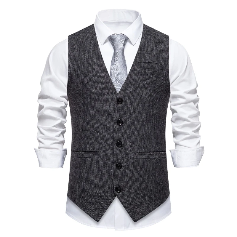 Dark Gray Herringbone Tweed Suit Vest for Men,business Casual Retro Single-breasted Herringbone Pattern Men's Waistcoat Eur Size