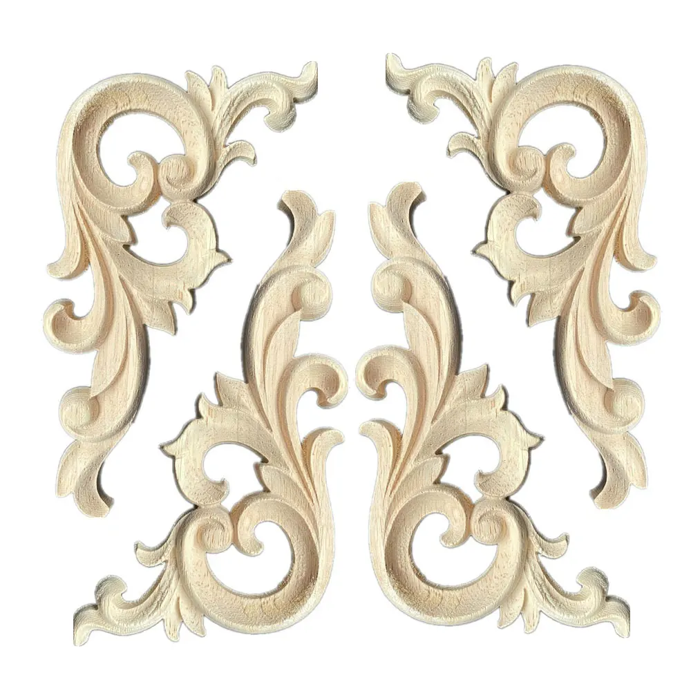 4PCS Woodcarving Decal Corner Applique Frame Door Decor Wall Furniture Decorative Figurines Wood Miniature Flower Branch 10-20cm