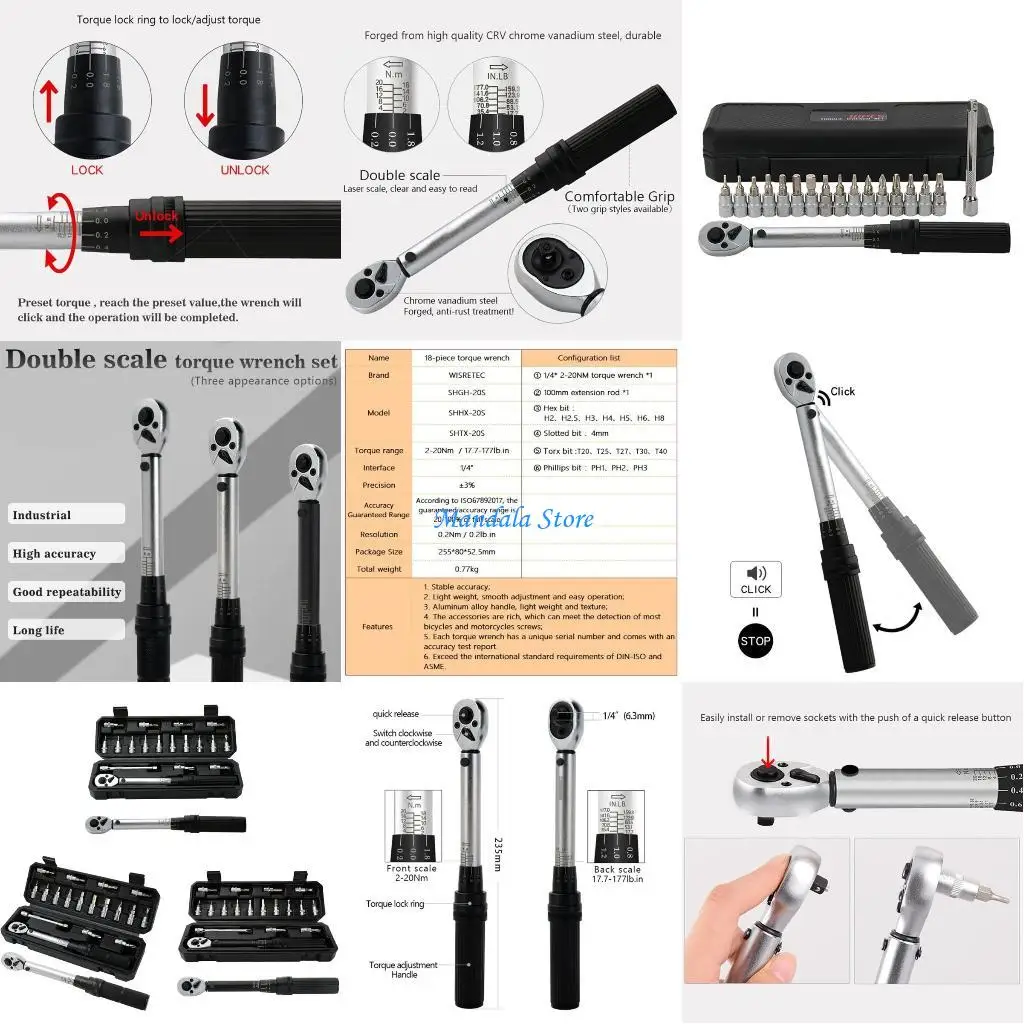 U2JC Torque Wrench Set Bike Outdoor Tools 2-20Nm Torque Mechanically Adjustable Preset Torque Detection Tool
