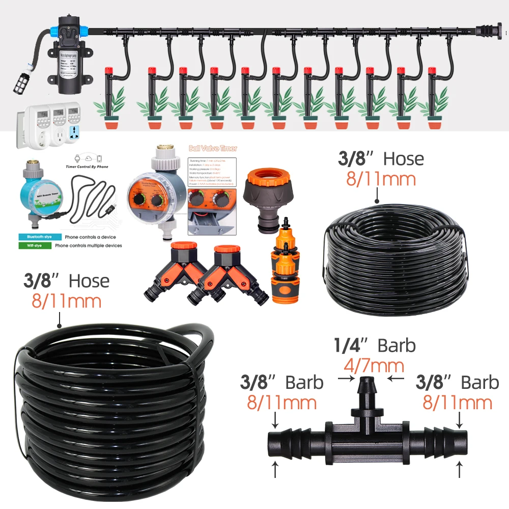 8/11mm to 4/7mm Hose Garden Watering System 60W Self-Priming Pump 13cm 8-Hole Sprinkler Drip Irrigation Equipment for Pot Plants