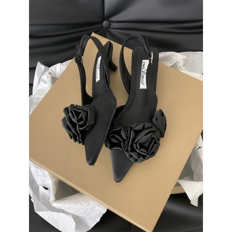 Tacones bajos con diamantes de imitación y decoración de flores para mujer, zapatos de vestir elegantes con punta puntiaguda, tacones con correa en