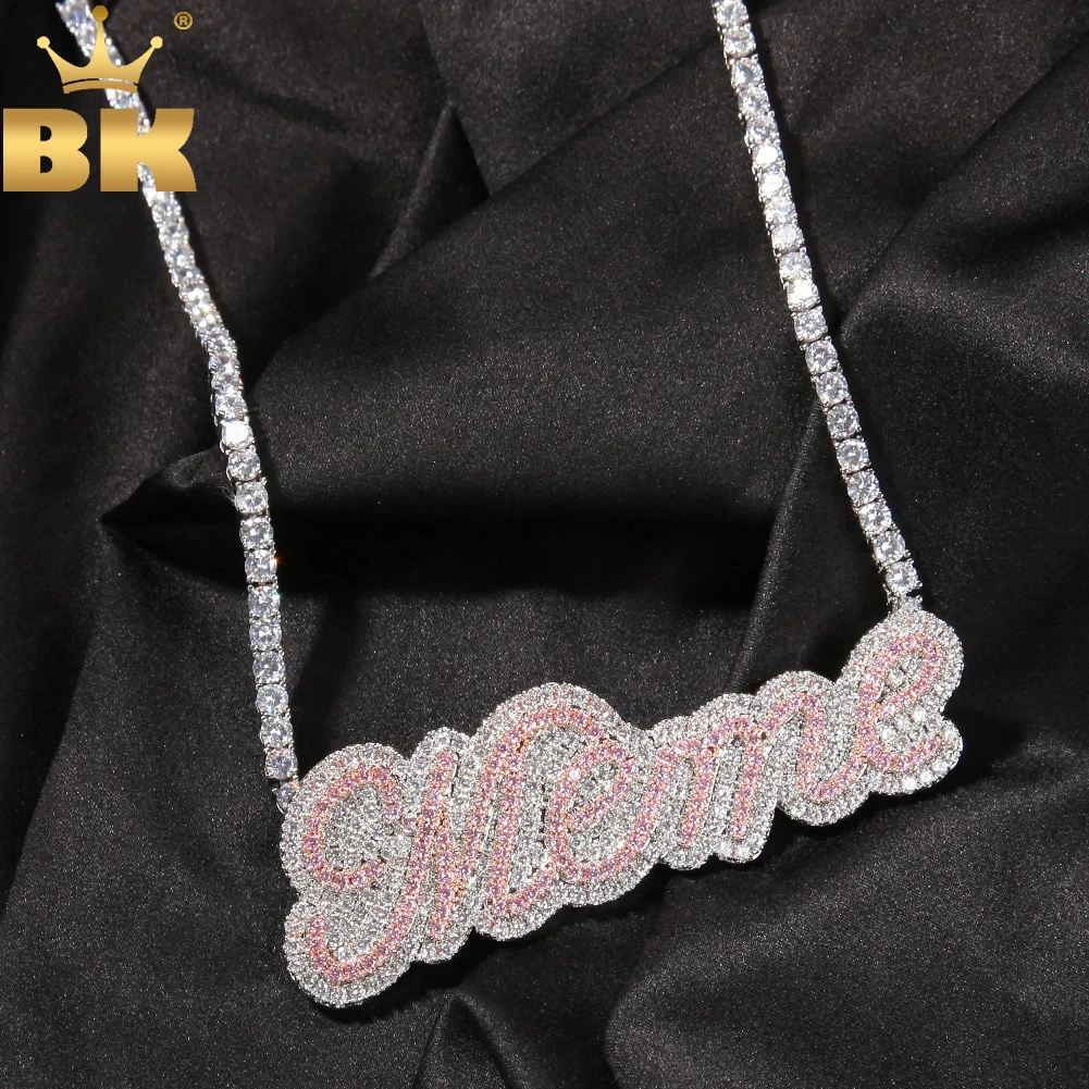 THE BLING KING Personalized Name Necklace Big Size Bubble Edwardian Script Letter Iced Out White Pink Pendant Hiphop Jewelry