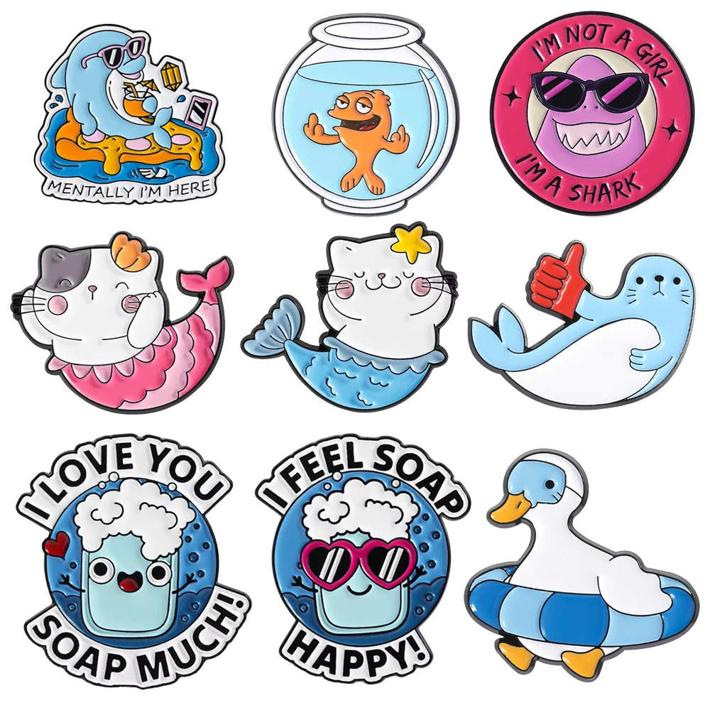 

Cute Cat Mermaid Lapel Pins Creative Blue Sea Sunglasses Whale Starfish Shell Shark Sea Lion Gold Fish Brooches Cartoon Badges