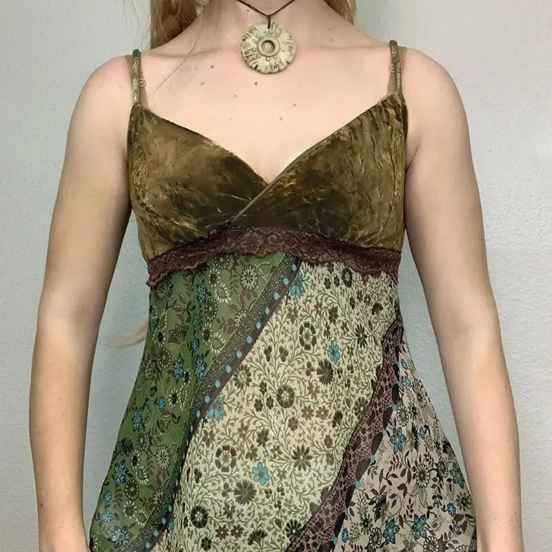 Ceco Midi con Estampado Floral Retro, Tirantes Asimétricos, Escote en V, Diseño con Ribete de Encaje, Moda Femenina para l...