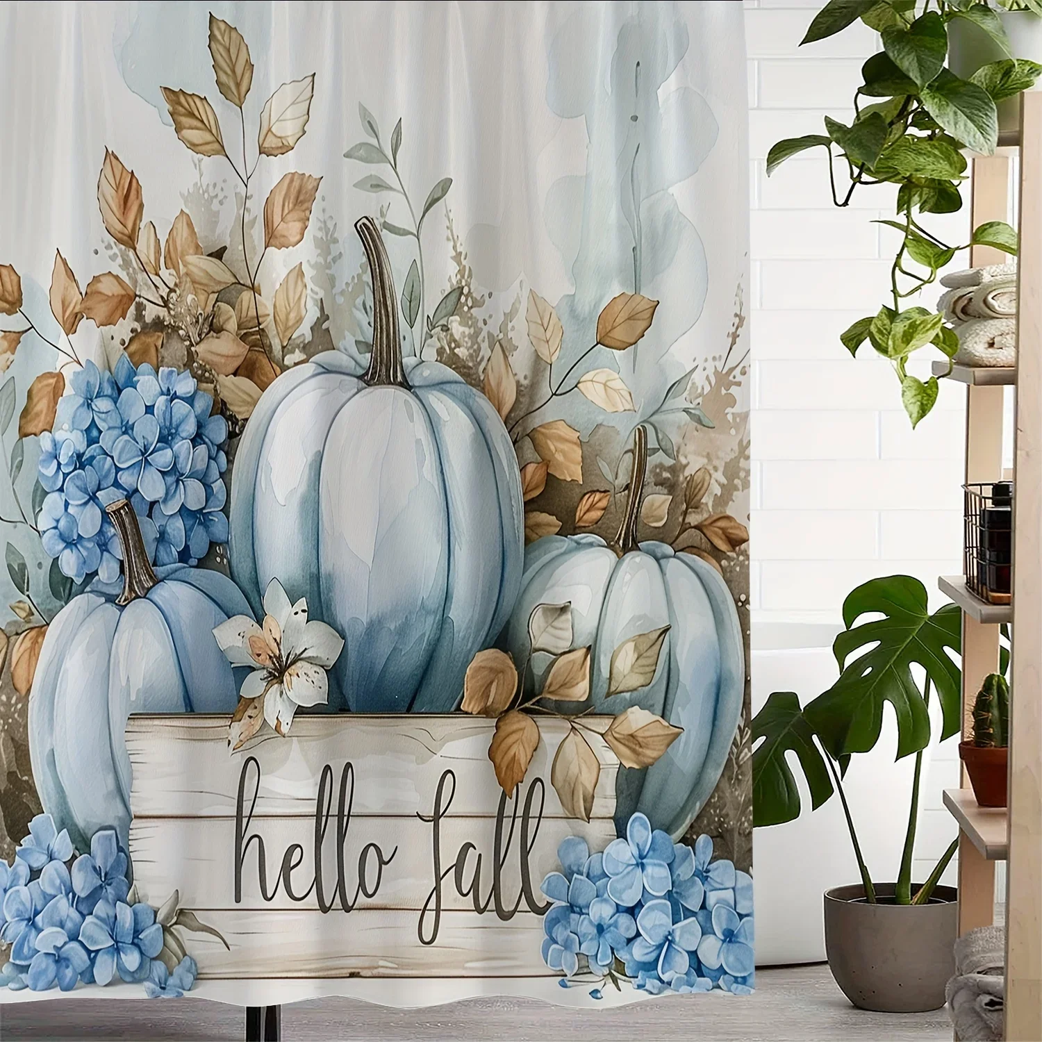 ~ O~ Cortina de ducha con estampado floral de calabaza de Hello Fall vintage de una pieza, cortina de ventana con 12 ganchos para ventanas