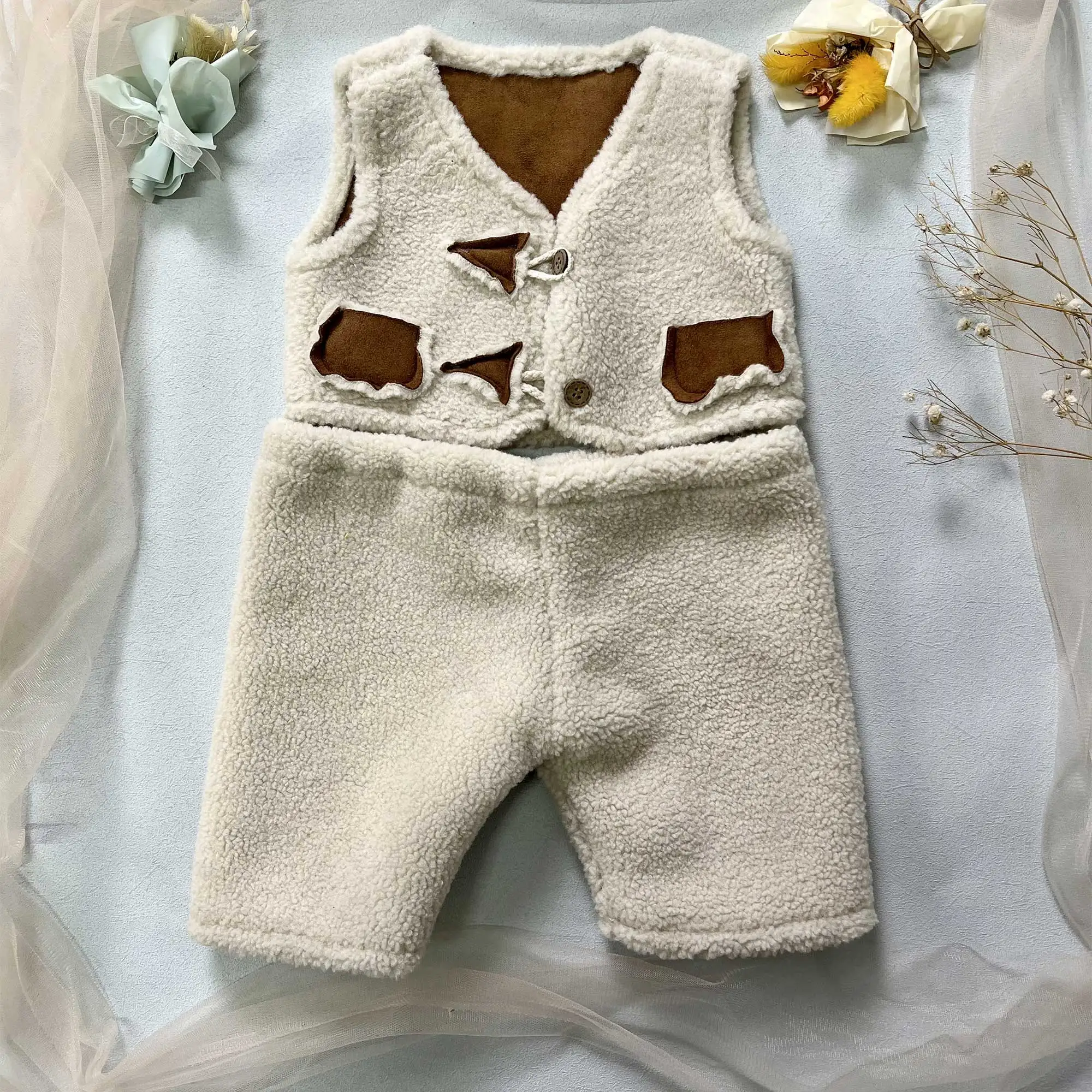 

Бежевый флисовый жилет и штаны из шерпы, наряд для детской фотосессии, милый комплект для детей 1-6 лет, реквизит для фотосъемки, 100% полиэстер