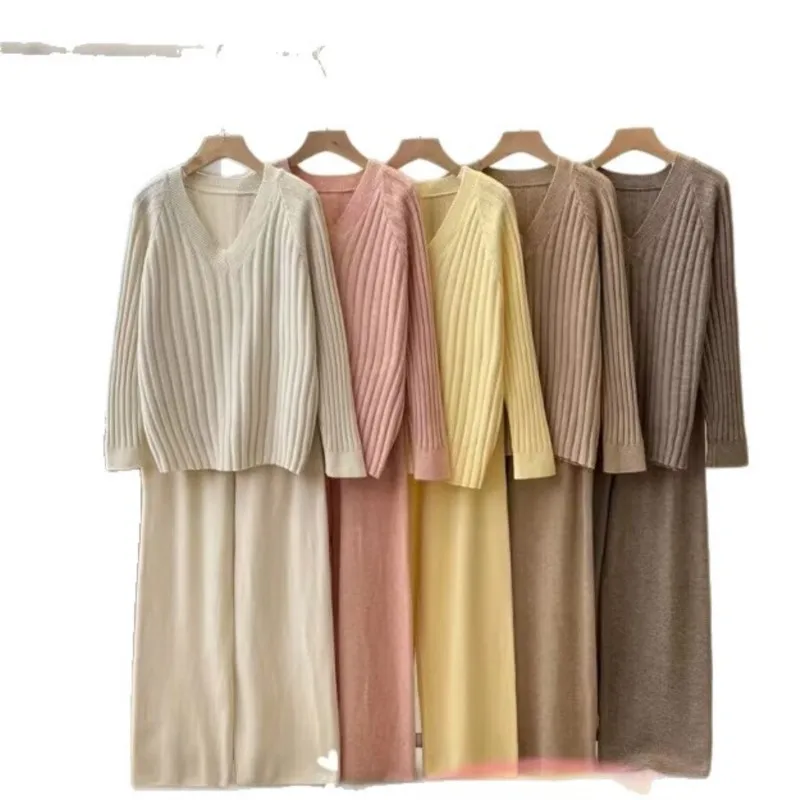 2025 casual duas peças roupa mulher 2 peças set it novo em conjuntos de correspondência de malha pulôver calças cor sólida confortável deslocamento
