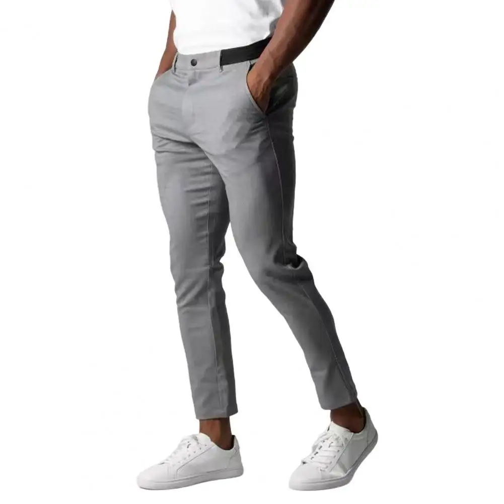 Men Business Pants with Pockets Slim Fit Stretchable Waist Button Zipper Placket Solid Color Straight Leg Daily Wear Work Trouse