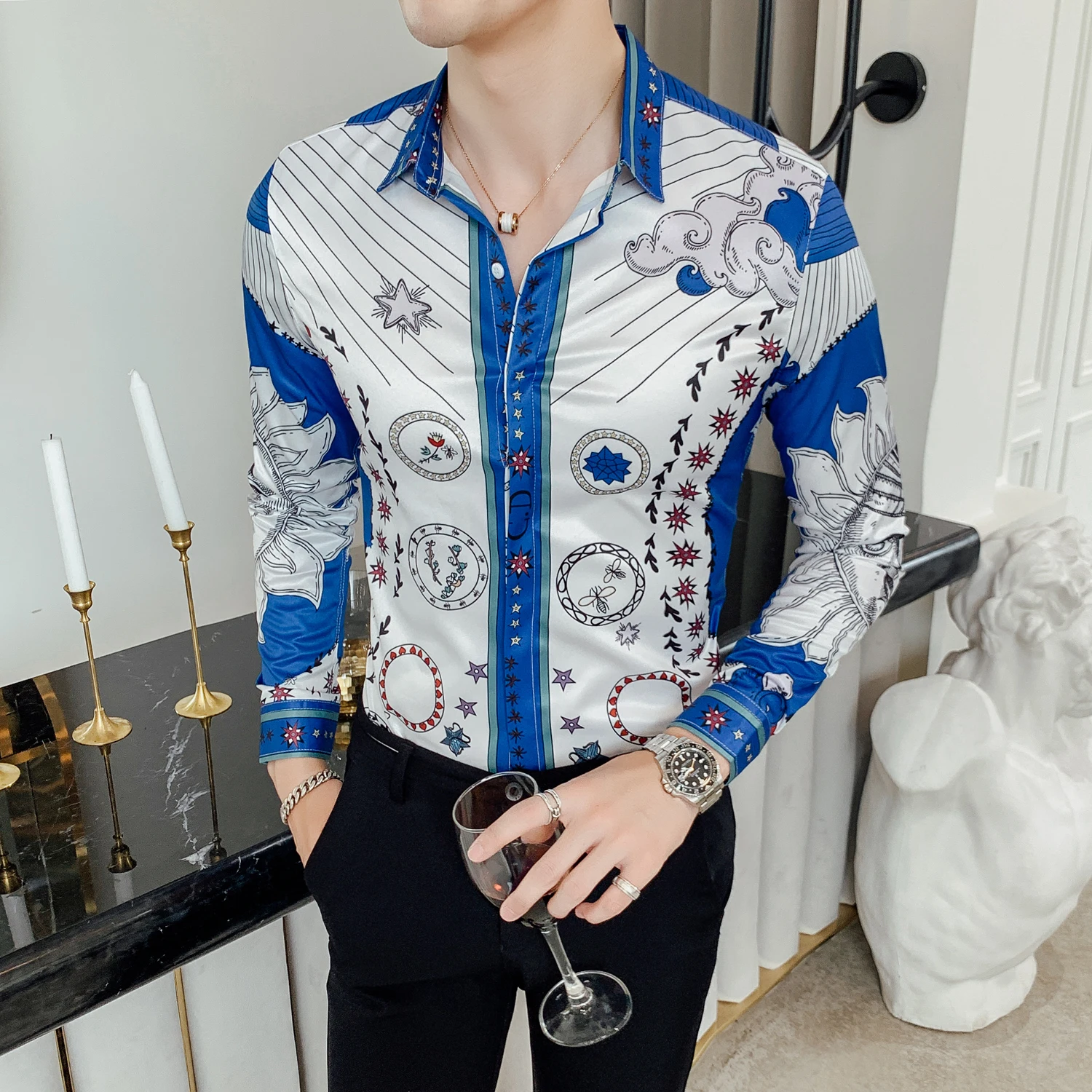 Royal Blue Print Men Shirt Long Sleeve Fashion Casual Shirts Slim Fit Shirt nightclub Streetwear Clothes Camisa Social Masculina