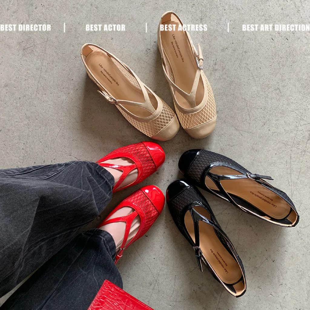 2026spring summer women sandals natural leather 22-25cm cowhide+mesh+sheepskin round toe buckle mary janes low heel women shoes