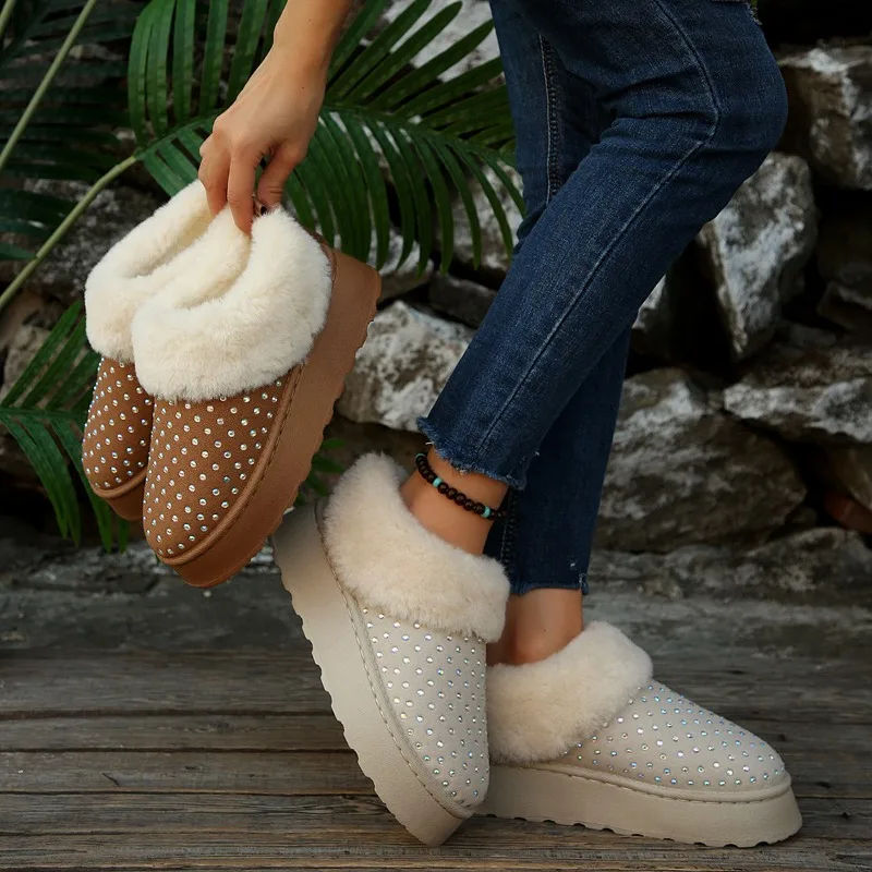 

Winter Women Cotton Shoes Women's Plush Snow Boots Fashion Designer Rhinestone Ankle Boots Non Slip Faux Fur Sequin Ankle Boots