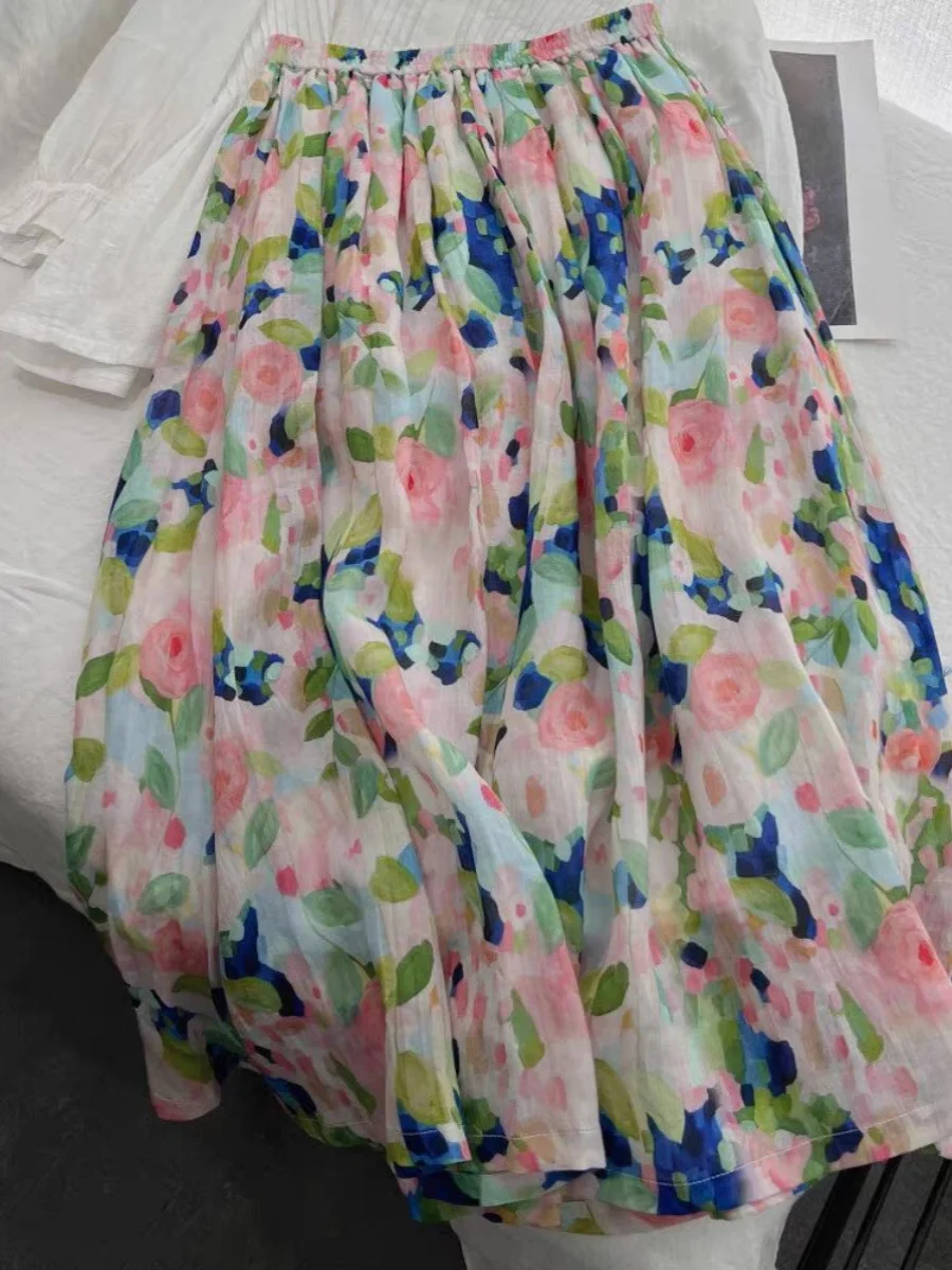 التخسيس عالية الخصر المطبوعة الأزهار f طول ألف خط تنورة المرأة الجديدة Sle النفط اللوحة Sle ميدي تنورة رقيقة التنانير