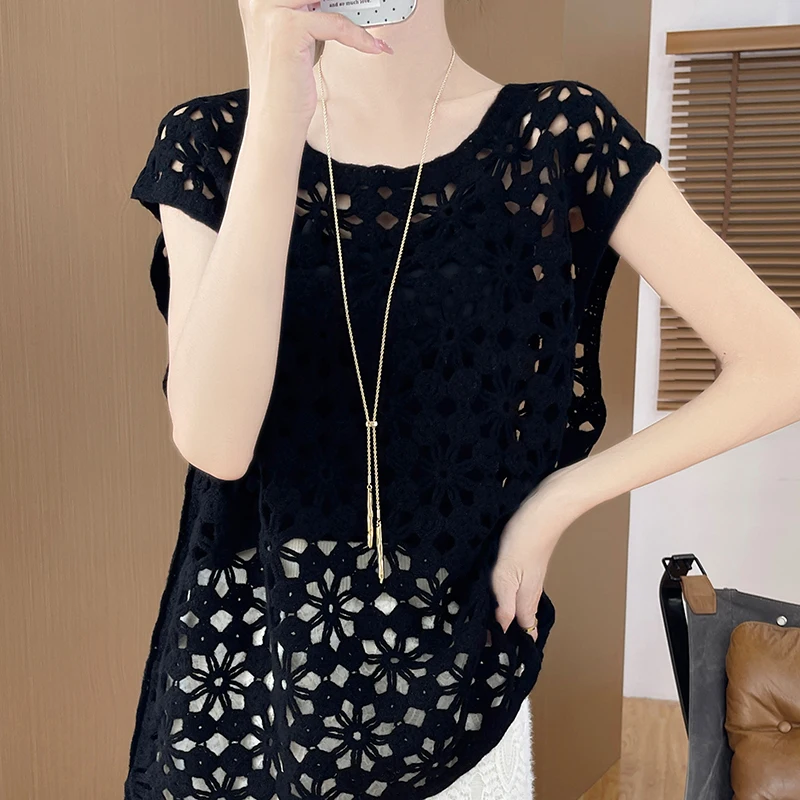 Sleeveless Hollow Out Cashmere Sweater For Women SpringSummer Solid Color Crochet French Fashion Pullover Loose Knit Top T-Shirt