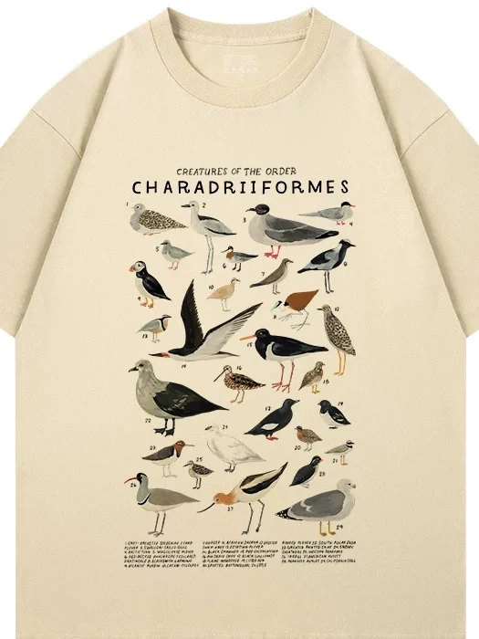 Heavyweight Pure Cotton Short Sleeve T-Shirt with Wading Bird Print Comfortable Casual Unisex T-Shirt Breathable And Skin-Fri...