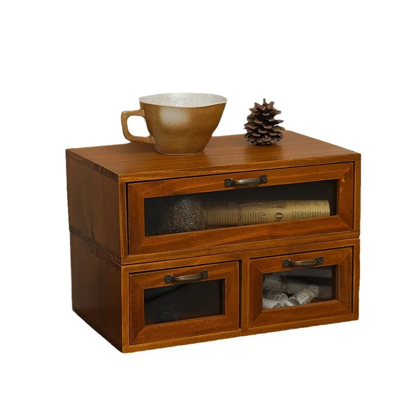 Chinese solid wood drawer type retro debris storage rack desktop storage box Cosmetics office desk storage rack