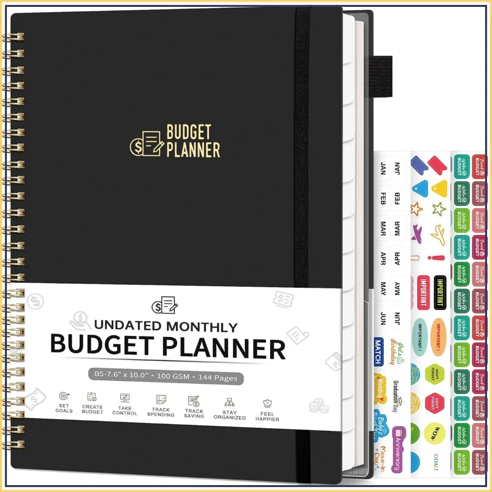 

Budget Planner - Monthly Book for Expense Tracking, Business, Debt, Savings, B5 Undated with Stickers, Black