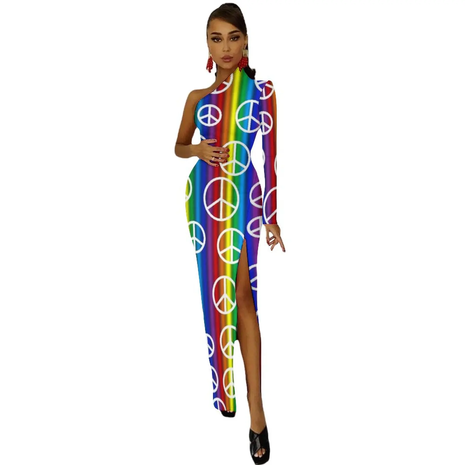 Frieden Zeichen Bodycon Kleid Herbst Regenbogen Streifen Druck Vintage Hohe Slit Lange Kleider Frauen Schulter Grafik Streetwear Kleid